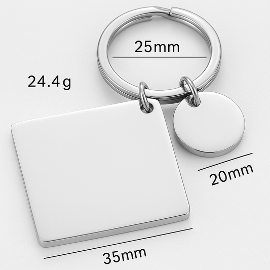 Edelstahl-Schlüsselanhänger mit Gravur – Quadrat & Kreis